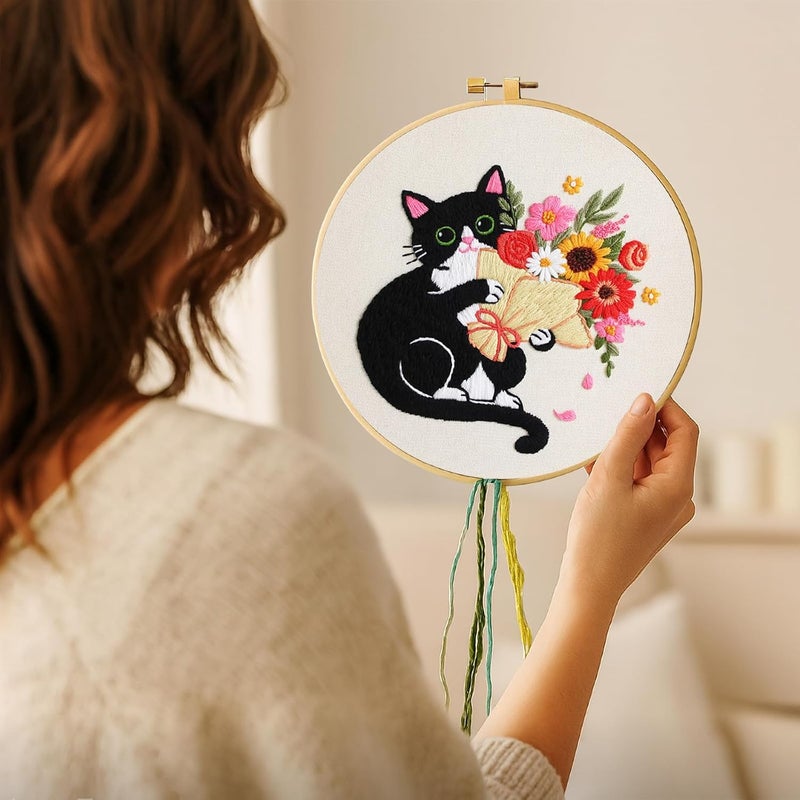 Nuberlic Black Cat Flowers Embroidery Kits for Beginners, DIY Cross Stitch Starter Craft Kits for Adults Including Cloth with Pattern, Hoop, Needles Instruction and Threads - Image 3